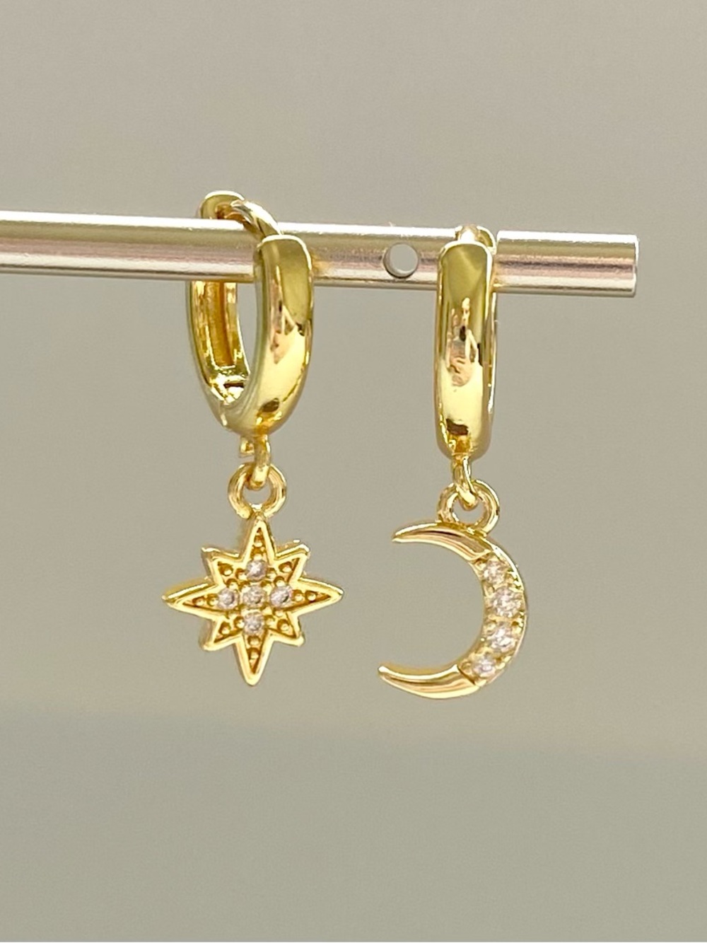 Gold Moon & Star CZ Huggie Earrings